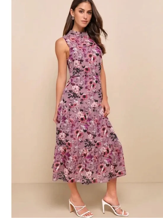 New Lulus Sleeveless Mauve Floral Midi Dress Sz 1X - Picture 2 of 7